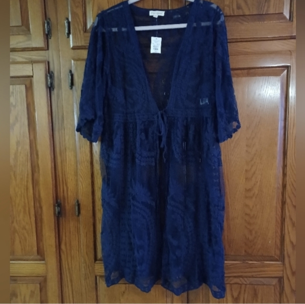❤️‍🔥 New Song & Spirit Small Navy Blue Lace Tie Front Cardigan/Cover Up NWT